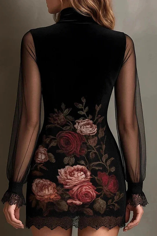Lace See-Through Sleeves Printed Slim High Waist Mini Dress