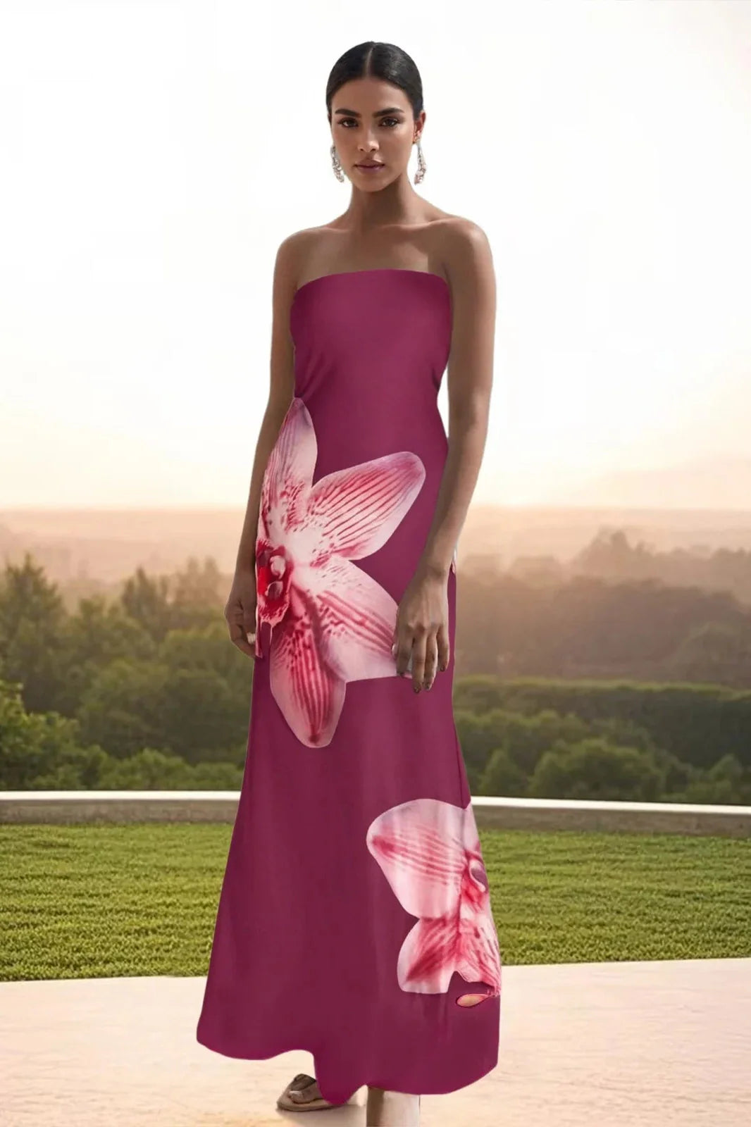 Sleeveless Off-Shoulder Flower Print Maxi Dress