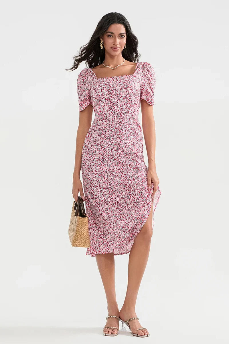 Short Sleeve Floral Print A-Line Midi Dress