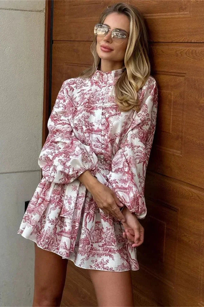 Elegant Printed Lace Up Long Sleeve Mini Dress
