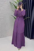 Elegant O-Neck Long Sleeve High Waist Pleated Maxi Dress