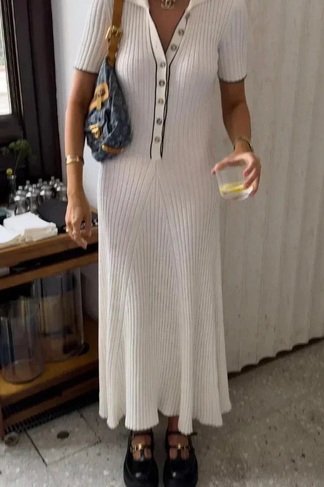 Short Sleeve Patchwork High Waist Midi Dress