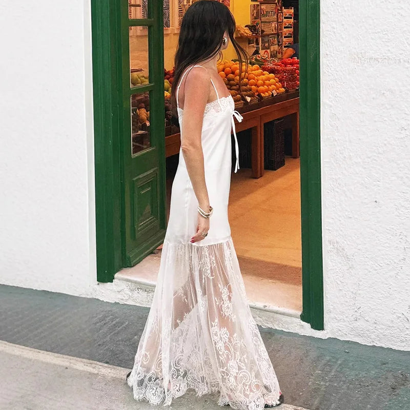 Lace Patchwork Lace Up Backless Maxi Dress