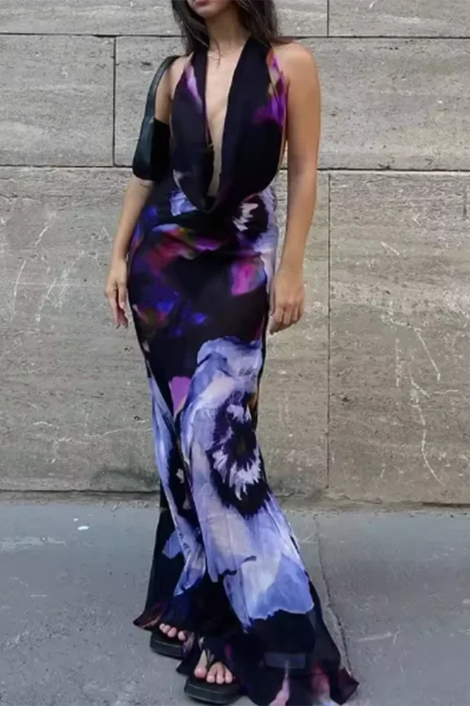 Elegant Deep V-Neck Sleeveless Backless Slim Printed Maxi Dress
