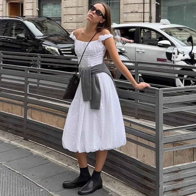 Off Shoulder Slim A-line Midi Dress