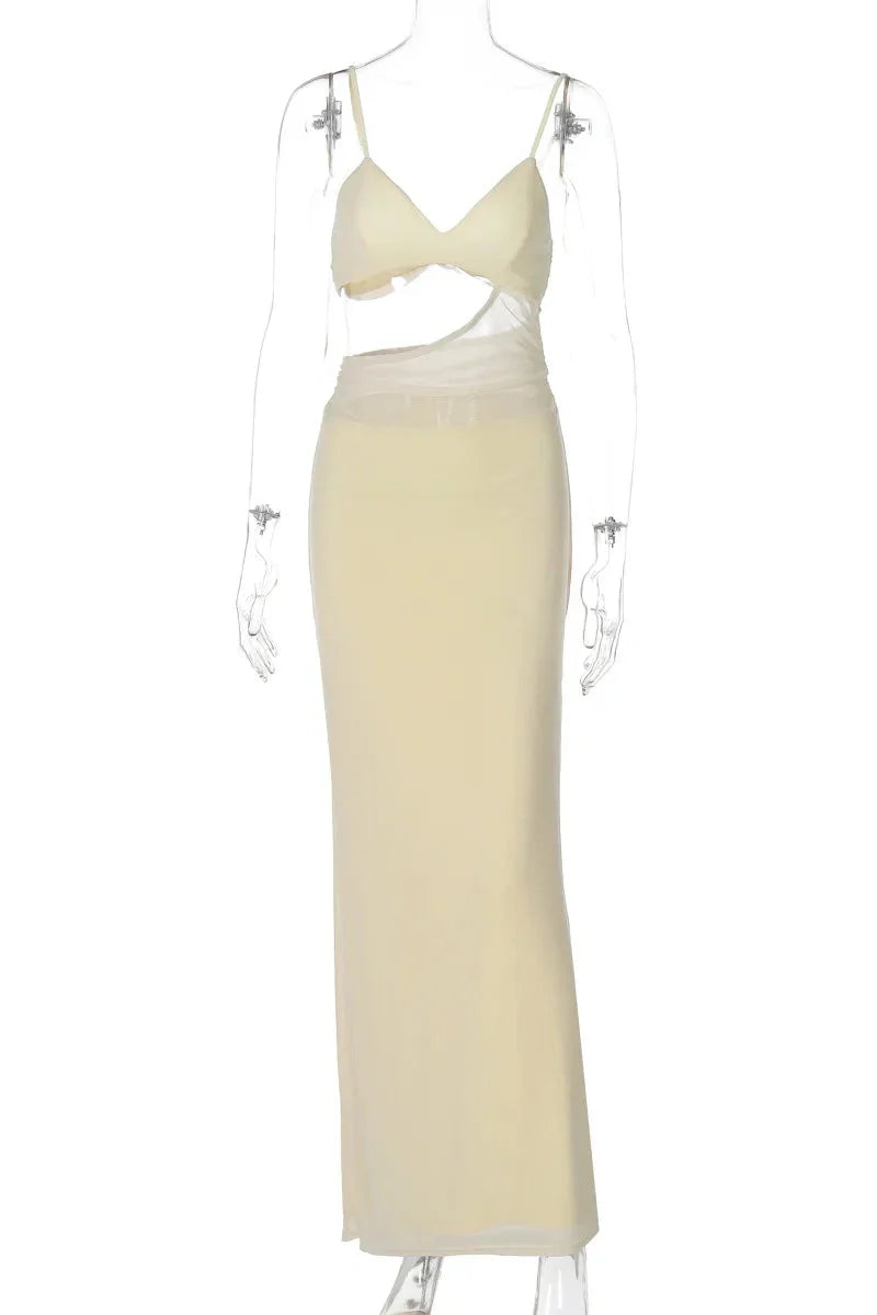 Hollow Out Spaghetti Strap Sleeveless Backless Patchwork Maxi Dress
