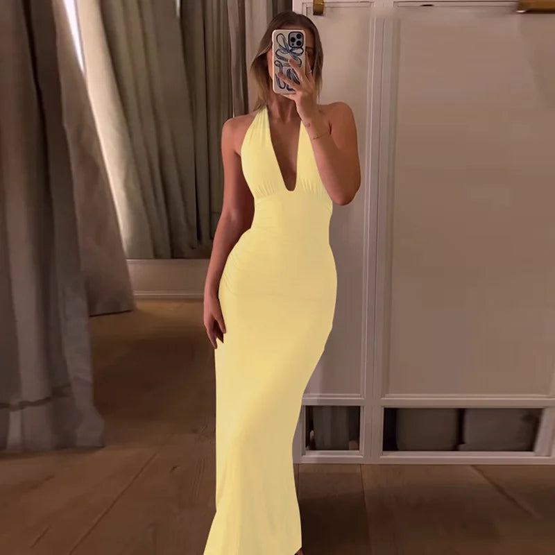Backless Deep V Neck Lace Up Slim Maxi Dress