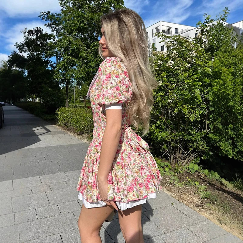 V Neck Printed Short Sleeve Lace Up Mini Dress
