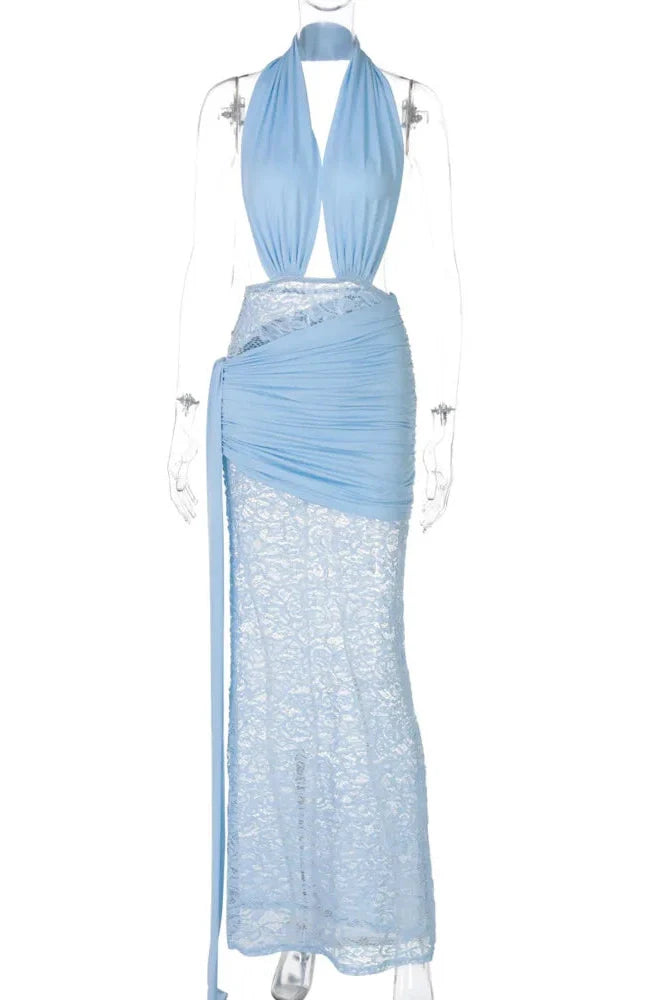 Deep V Neck Lace Sleeveless Backless Bodycon Maxi Dress