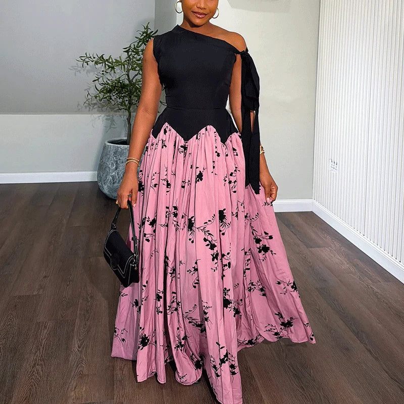 Off-Shoulder Printed High Waist Patchwork Maxi Dress