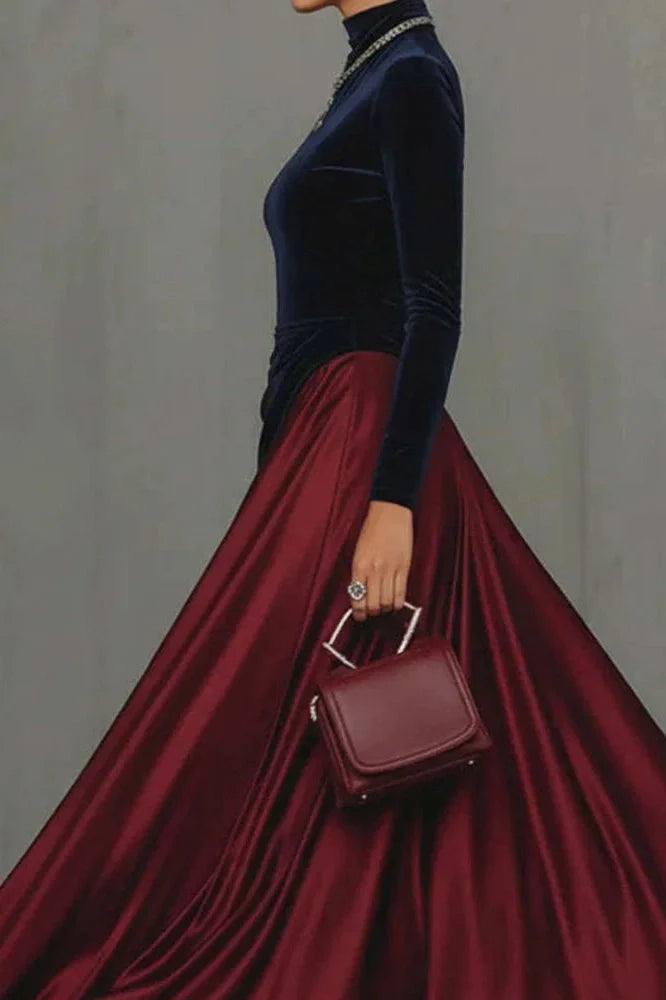 Elegant High Waist Pleated Slim Long Sleeve Maxi Dress