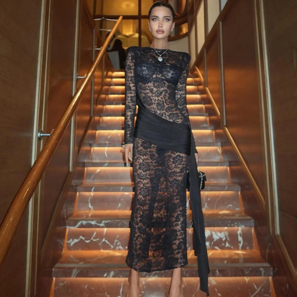 Lace Patchwork Hollow Out See Through Maxi Dress