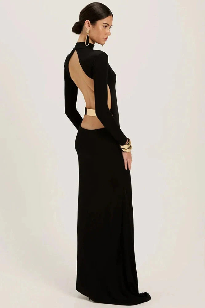 Backless Long Sleeve High Collar Bodycon Maxi Dress