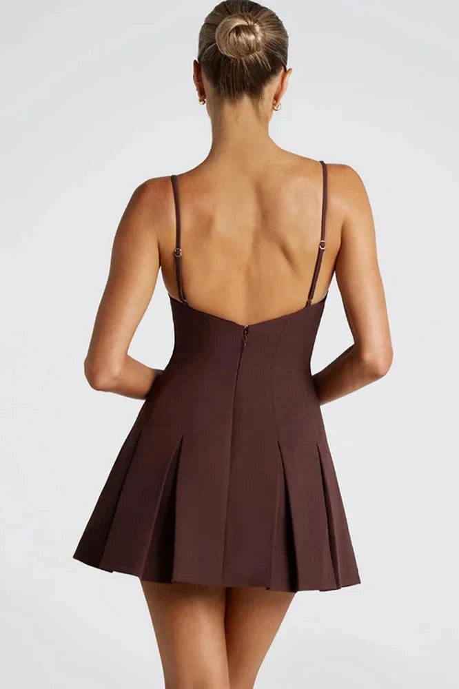 Backless High Waist A-line Spaghetti Strap Sleeveless Pleated Mini Dress