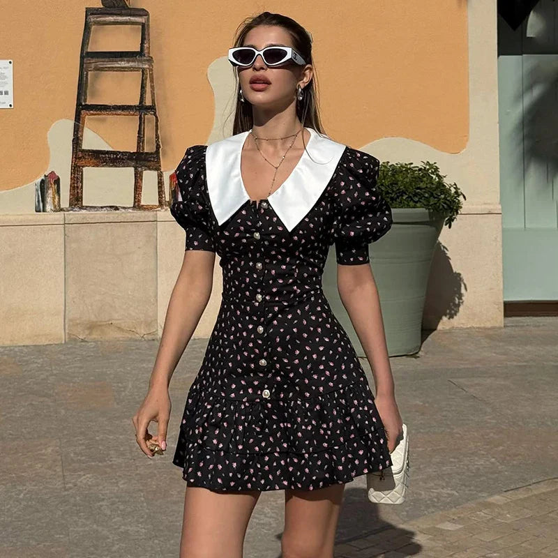 Printed Short Sleeve V Neck High Waist Mini Dress