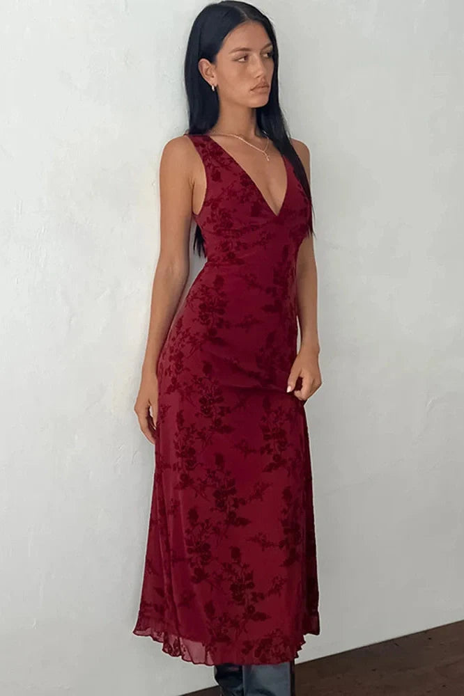 Printed Deep V Neck Sleeveless Slim Maxi Dress