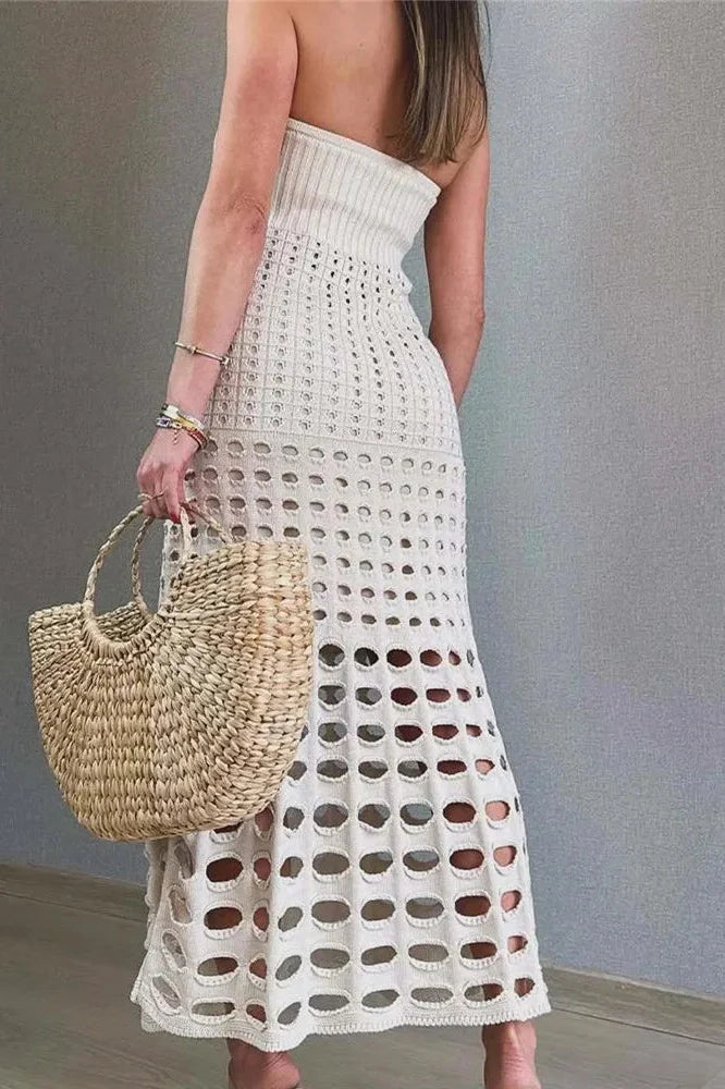 Hollow Out Strapless Off-Shoulder Knit Sleeveless Backless Maxi Dress