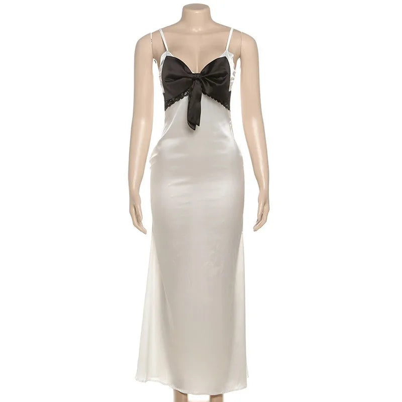 V Neck Lace Bow Sling Patchwork Maxi Dress