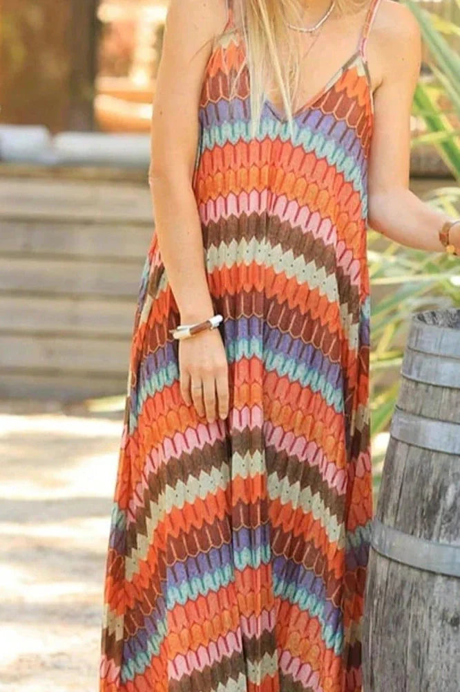 Pleated Printed Sleeveless Loose Backless High Waist Maxi Dress