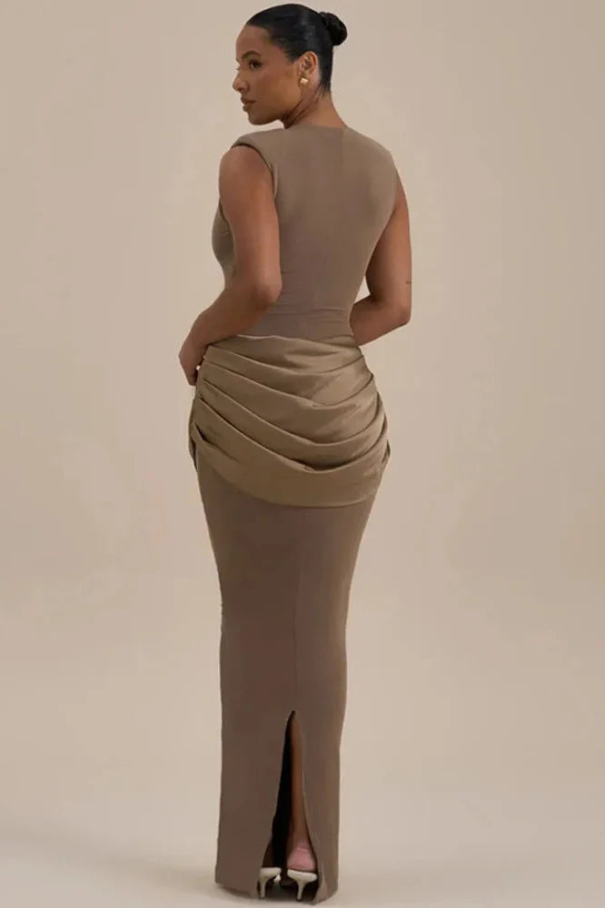 Sleeveless High Waist Patchwork O Neck Bodycon Maxi Dress