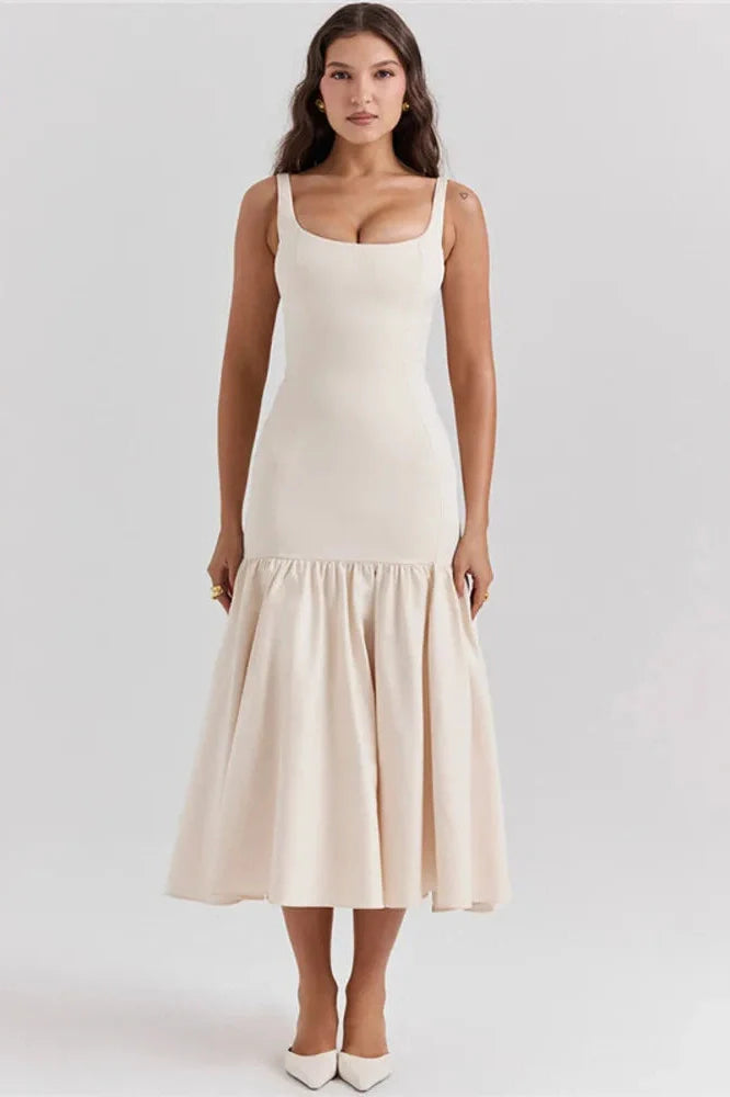 Backless Square Collar Sleeveless Loose Pleated Maxi Dress