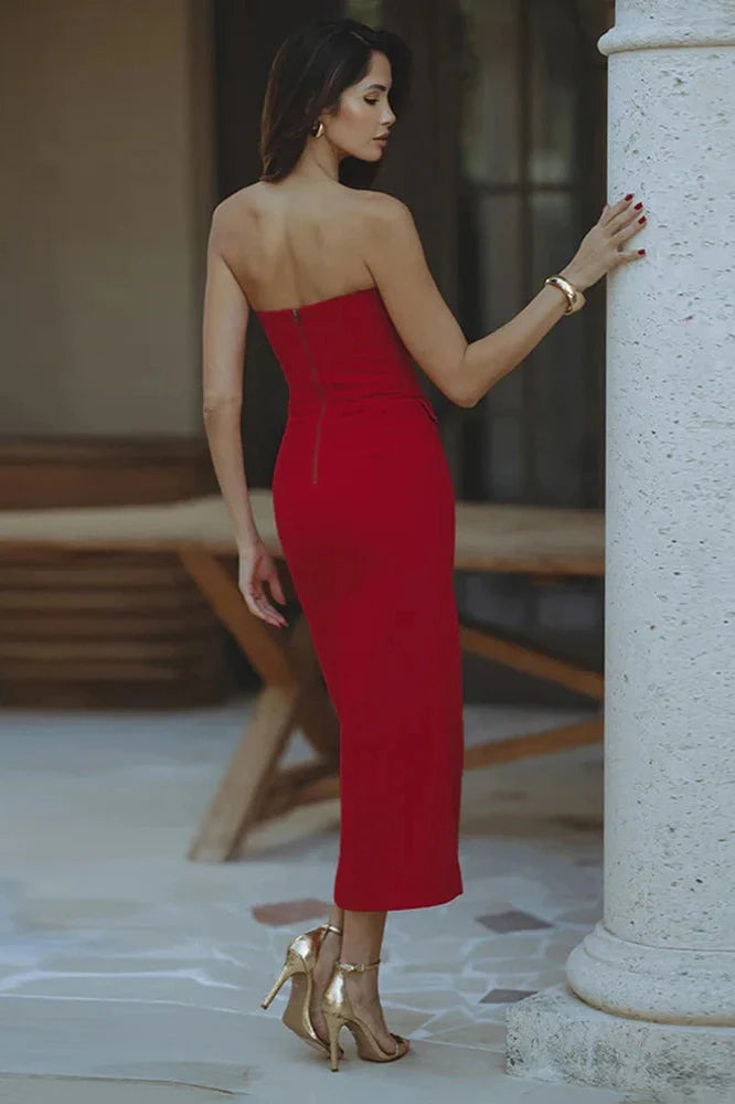 Elegant Strapless Slit Sleeveless Slim High Waist Midi Dress