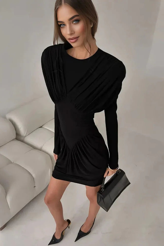 Pleated Patchwork Long Sleeve Bodycon Mini Dress