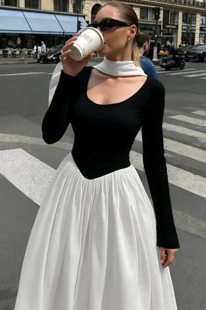 Patchwork Long Sleeve O Neck Pleated Maxi Dress