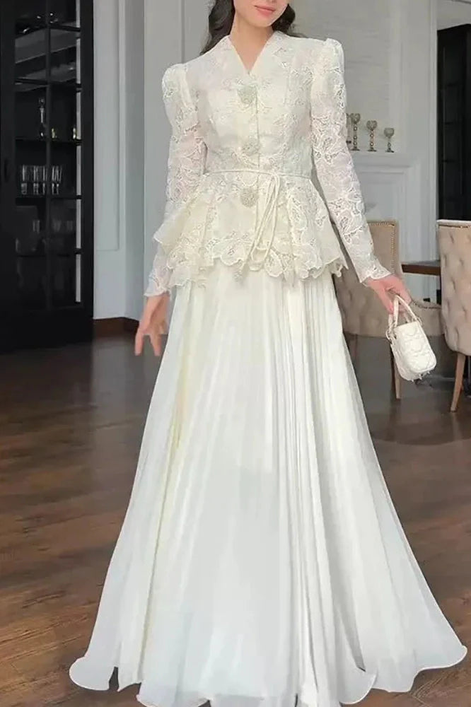 Elegant High Waist Long Sleeve Lace Embroidery Slim Maxi Dress