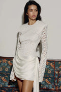 Lace See Through Long Sleeve O Neck Backless High Waist Mini Dress