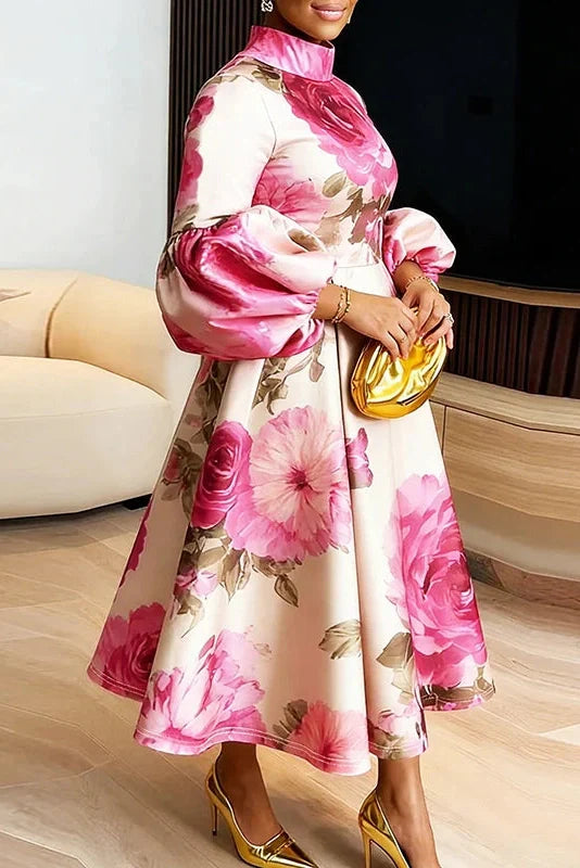 Floral Print High Waist Pleated Long Sleeve Midi Dress
