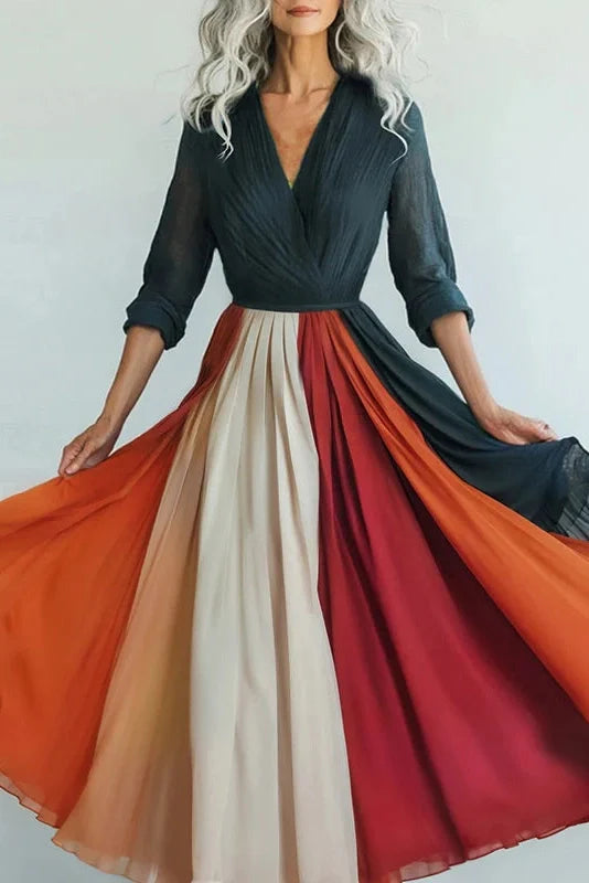 Elegant Pleated V Neck Long Sleeve Printed Maxi Dress