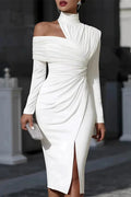 Hollow Out Long Sleeve Pleated Turtleneck Midi Dress