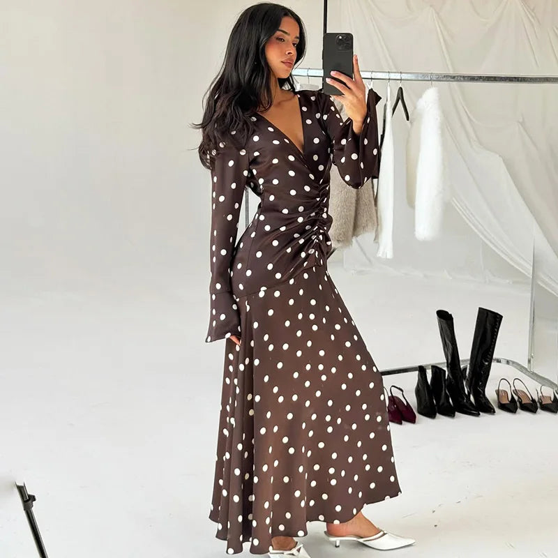 Elegant V-Neck Polka Dot Patchwork Maxi Dress
