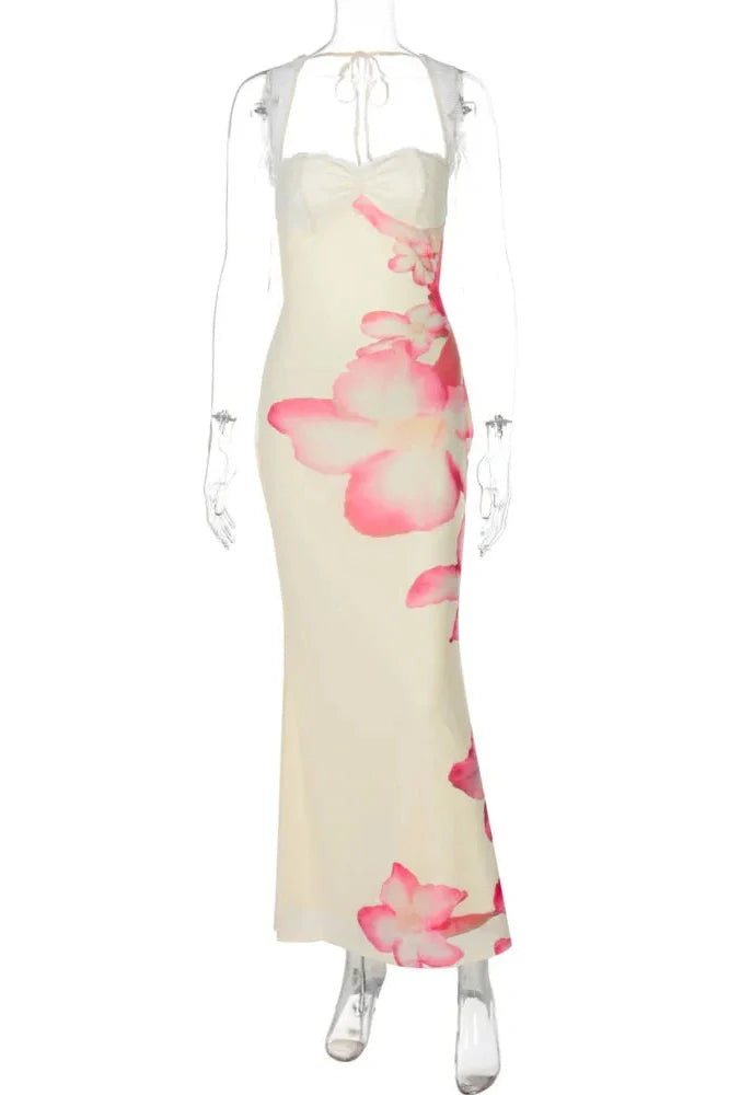 Lace Printed Square Collar Sleeveless Lace-Up Bodycon Maxi Dress