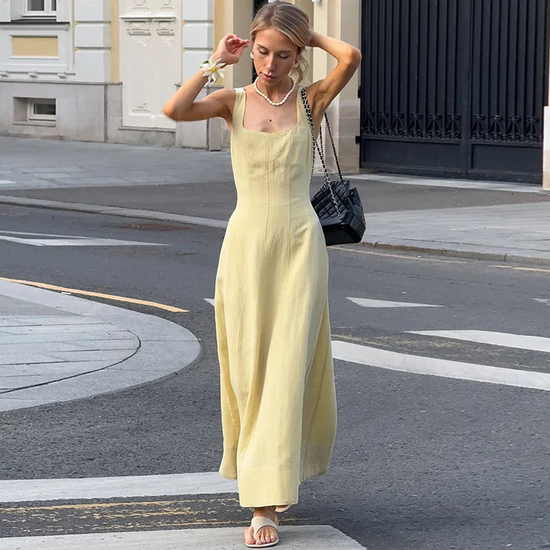 Elegant Square Neck Backless High Waist Sleeveless Maxi Dress