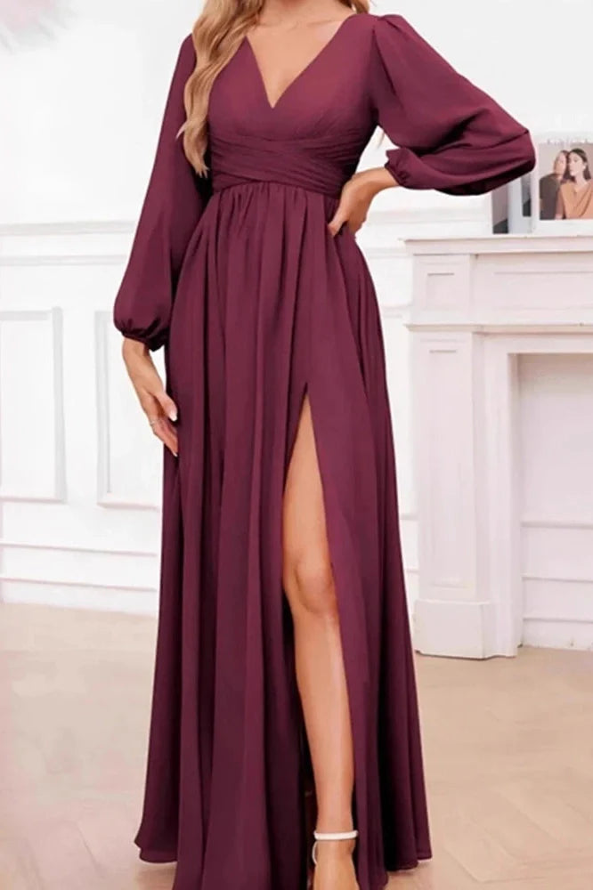 Elegant Long Sleeve Loose V-Neck Split Maxi Dress