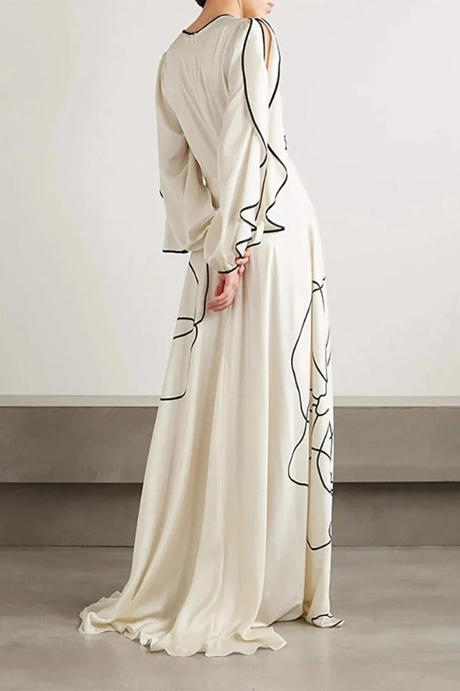 O-Neck High Waist Pleated Sleeve Fit Maxi Dress
