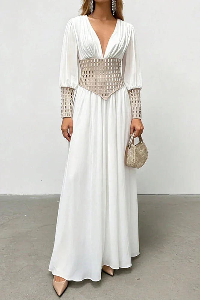 Long Sleeve Slim V-Neck High Waist Maxi Dress