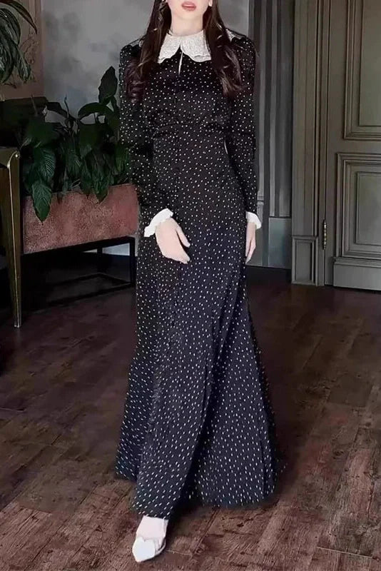 Elegant Long Sleeve Slim Lace Up High Waist Pleat Printed Maxi Dress