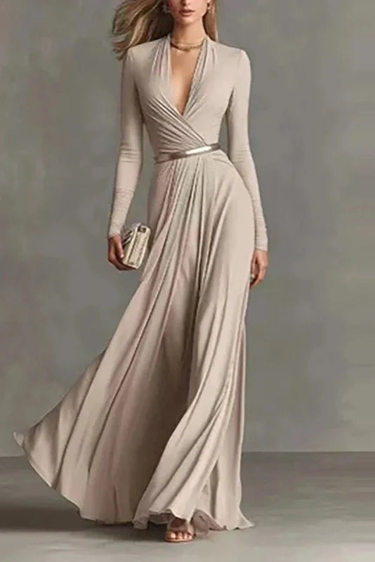 Elegant High Waist Pleated V-Neck Long Sleeve Maxi Dress