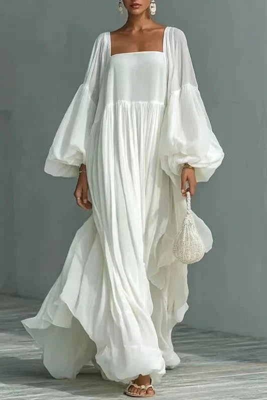 Square Collar High Waist Long Sleeve Pleated Maxi Dress