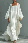 Square Collar High Waist Long Sleeve Pleated Maxi Dress