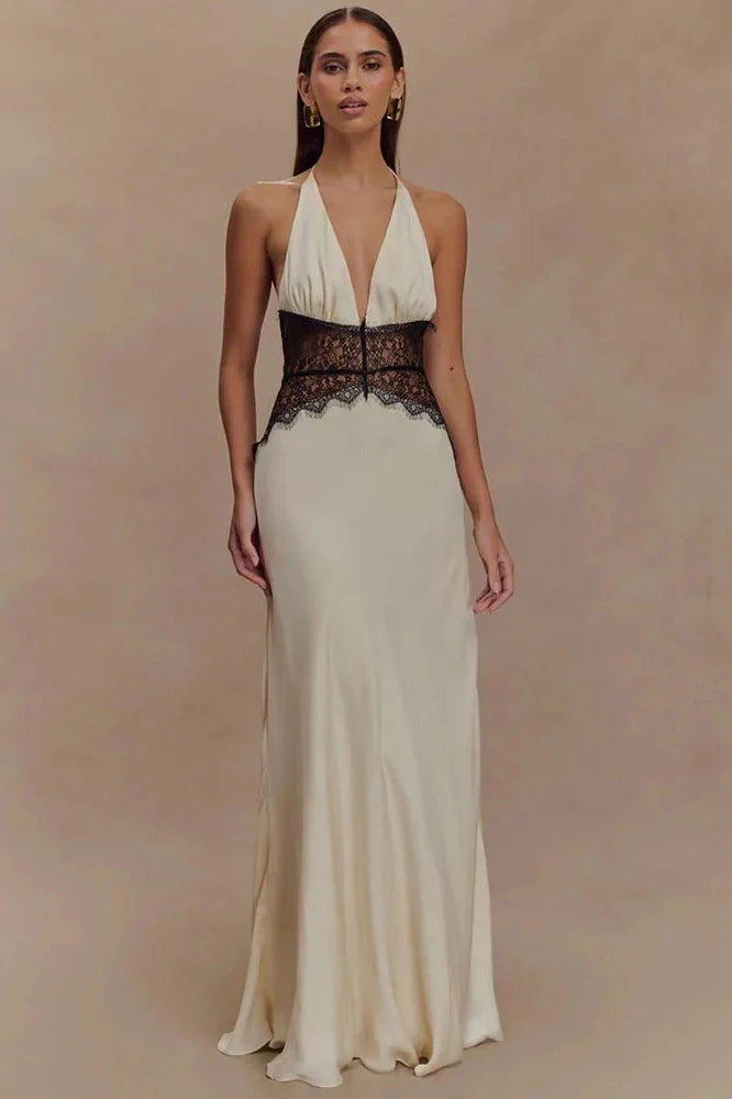 Backless Patchwork Lace Deep V Neck Sleeveless High Waist Maxi Dress