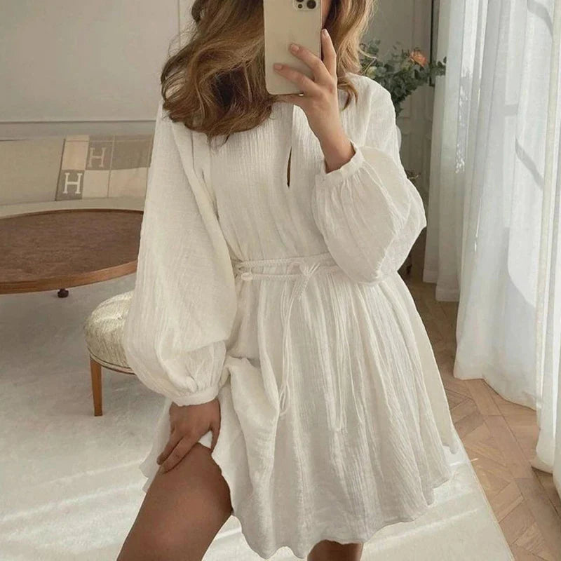 Long Sleeve V Neck Lace Up A-Line Mini Dress