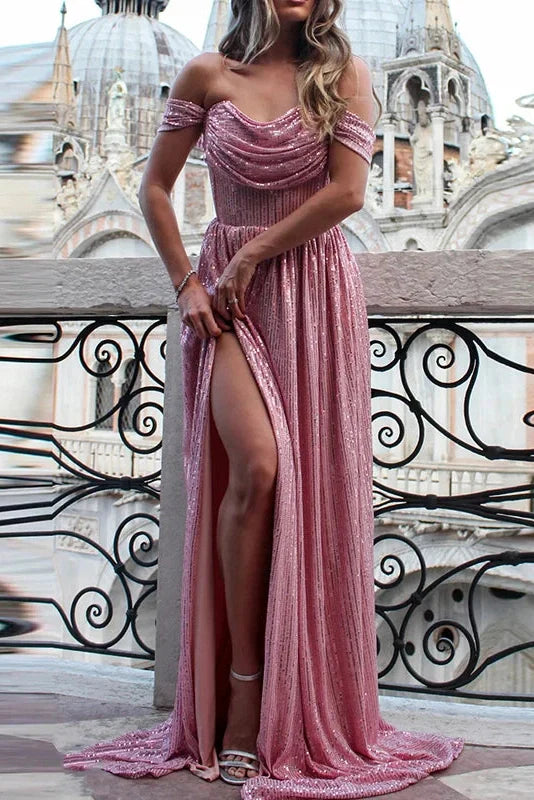 Pleated Off Shoulder High Waist Split Maxi Dress