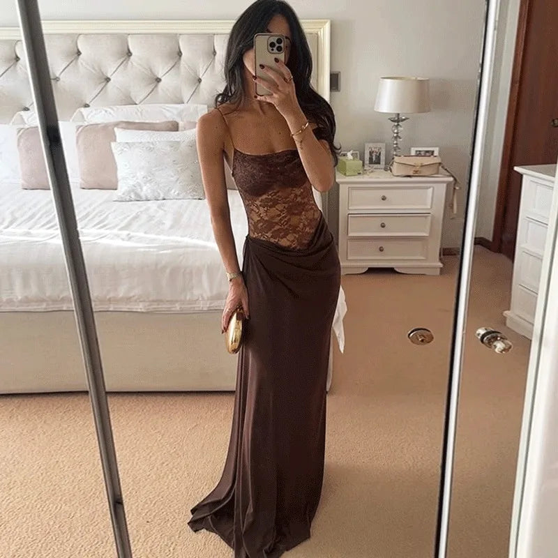 Elegant Lace Patchwork Backless Maxi Dress