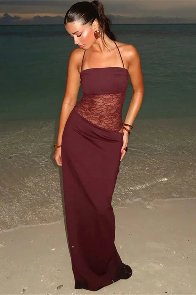 Lace Printed Backless Slim High Waist Patchwork Maxi Dress