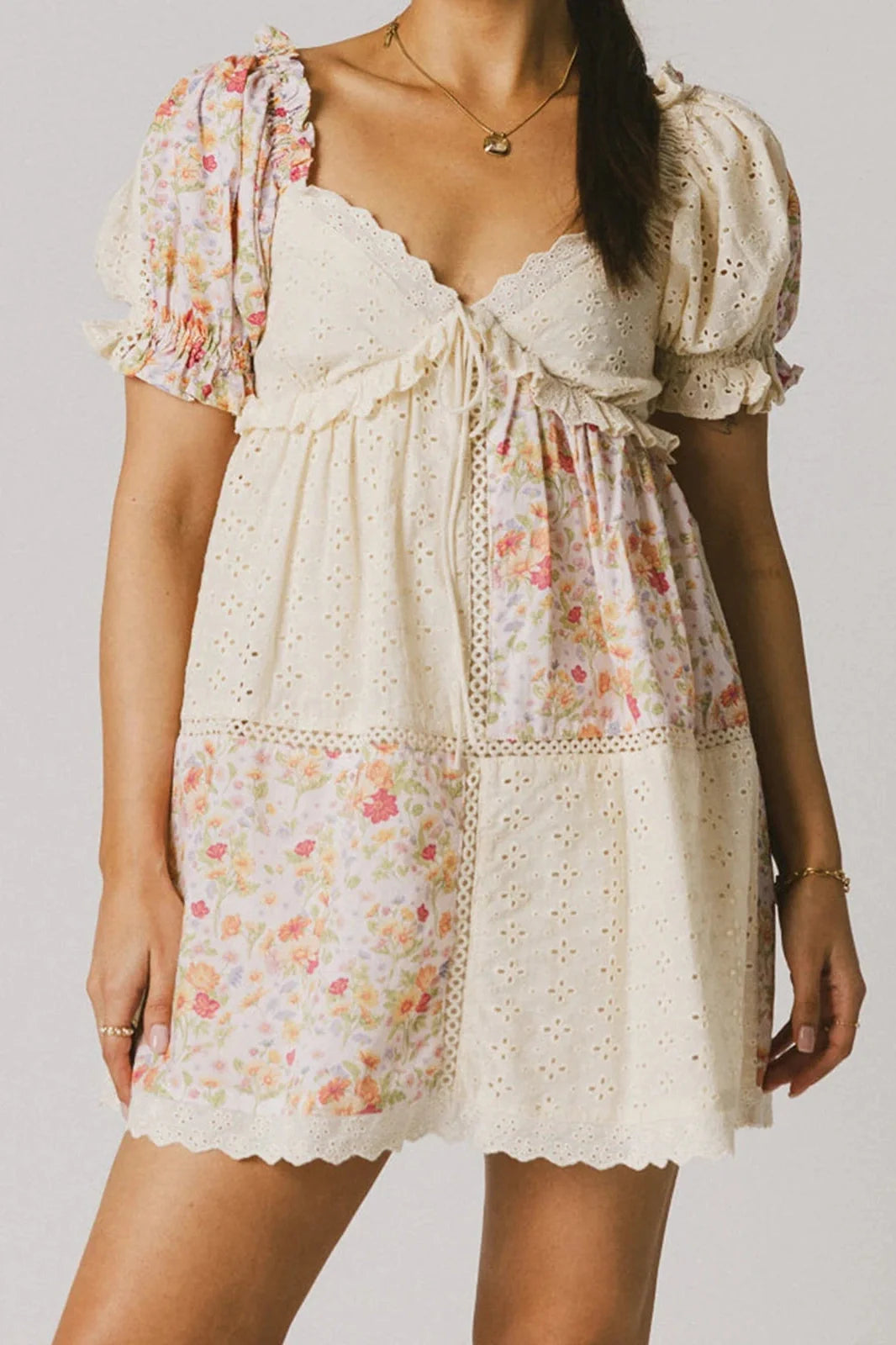 Floral Print V Neck Short Sleeve A-Line Mini Dress