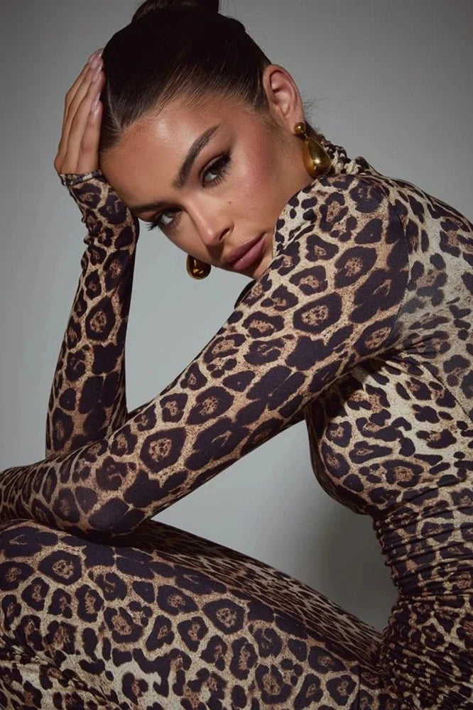 Leopard Print Long Sleeve Turtleneck Maxi Dress